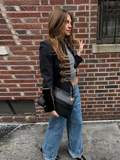 Fashion Chic Napoleon Cropped Jacket Women O-neck Long Sleeve Black Short Coats 2026 Spring Elegant Lady Commute Outerwear