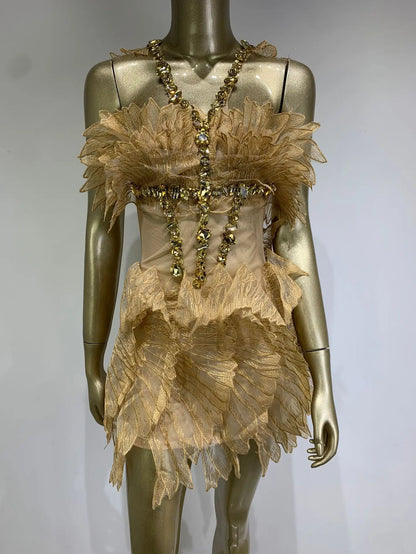 Women Sexy White Gold Crystal Transparent Wings Mini Dress Bar Nightclub Party Singer Stage Performance Costume