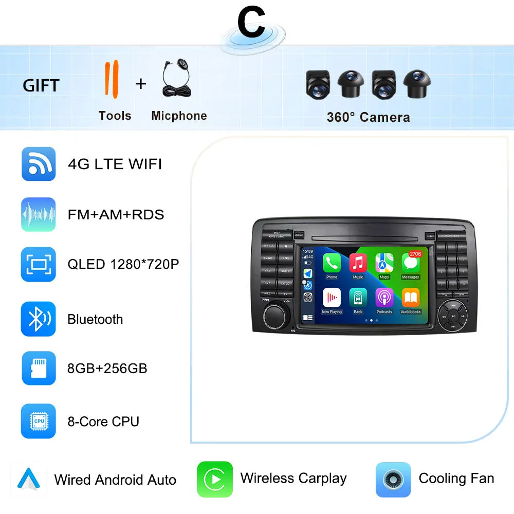 for Mercedes-Benz R-Class R300 R350 R400 2006-2014 GPS Navigation 7" 2.5D Touch Screen Android 16 Wireless CarPlay DSP Stereo