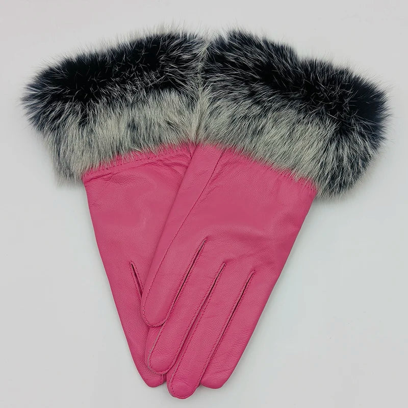 2025 Women Winter Warm Genuine Sheep Leather Glove With Real Fur Trimming Female Warm Real Leather Fur High Quality Mittens