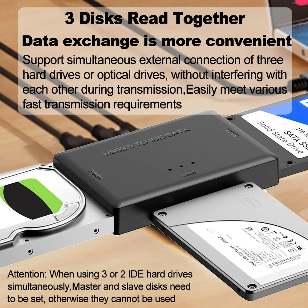 3-in-1 External Hard Drives Reader USB 3.0 to SATA/IDE Adapter for 2.5-inch and 3.5-inch HDD/SSD with 12V/2A Power Supply