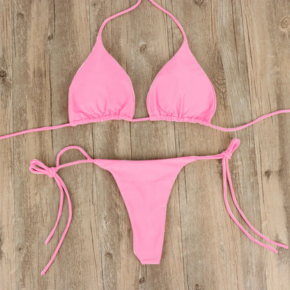 Tie Sexy Thong Bikini Set Side Swimsuit Bandage Style Swimwear Split Strap Adjustable Solid Color Female Summer Beach Bikini Set