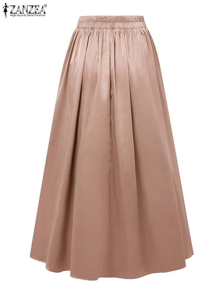 Fashion Women High Waist Party Skirt 2025 ZANZEA Summer Satin Jupe Elegant A-line OL Work Faldas Saia Stylish Maxi Long Skirts