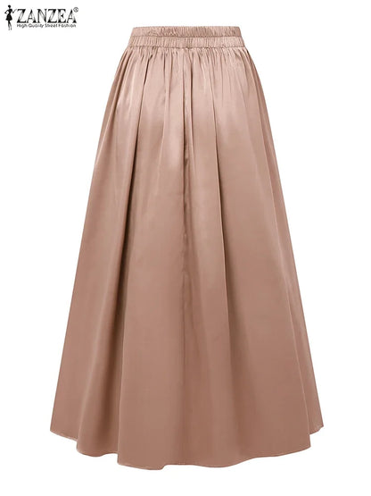 Fashion Women High Waist Party Skirt 2025 ZANZEA Summer Satin Jupe Elegant A-line OL Work Faldas Saia Stylish Maxi Long Skirts