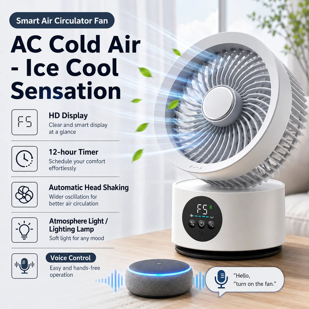 Portable Wall-Hanging Fan With Remote Control Smart Voice Rechargeable USB Household Electric Folding Fan Nightlight Air Cooler
