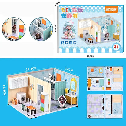 Bedroom DIY Puzzle Dollhouse Room Kitchen Bathroom Pretend Play Paper Doll House Living Room Cardboard 3D Paper Puzzle Room