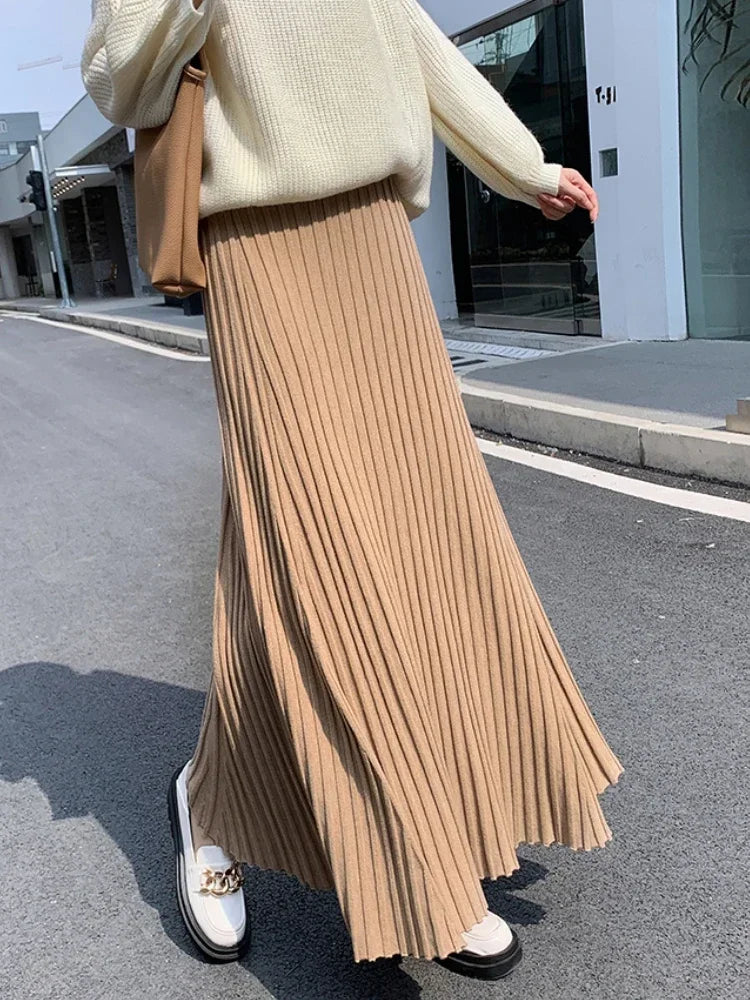 Autumn Winter Women's Long Skirt High Waist Knitted A-line Pleated Skirt Ladies Elegant Solid Gray Loose Casual Skirts for Women