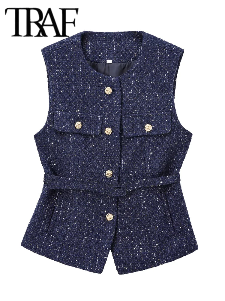 TRAF Women Sequin Tweed Vest New Fashion With Belt Vests for Women 2025 Autumn Sleeveless Coat Streetwear Chic Waistcoat Tops