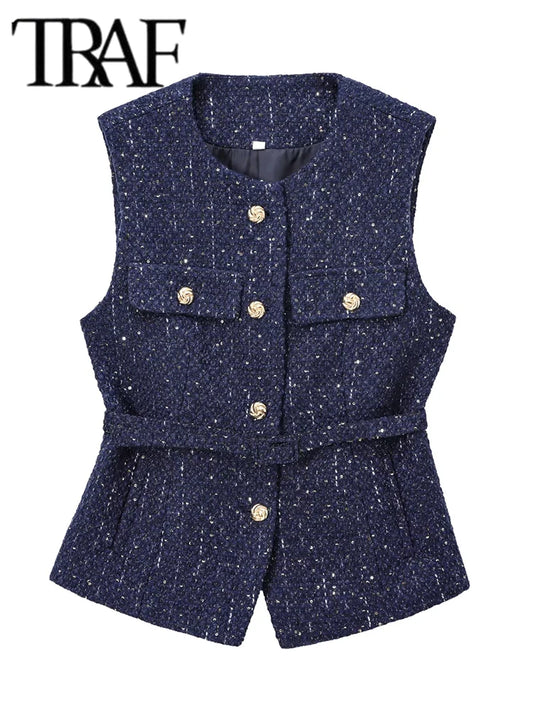 TRAF Women Sequin Tweed Vest New Fashion With Belt Vests for Women 2025 Autumn Sleeveless Coat Streetwear Chic Waistcoat Tops