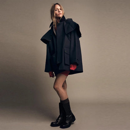 Fashion Casual Cloak Short jacket For Women Navy blue Design Sense Style Detachable Hat Coat 2025 New Lady Autumn Streetwear