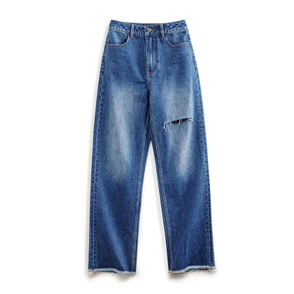 Maden Women Ripped Denim Jeans Washed Jeans 12.8 OZ Vintage Do Old Straight Full Length Pants Mid Waist Casual Blue Jeans