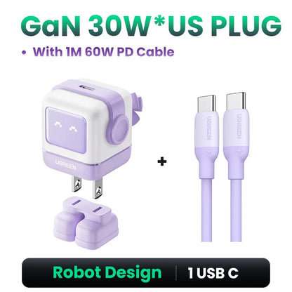 【US-Stecker】UGREEN 65W 30W GaN-Ladegerät im Roboter-Design mit PD3.0-Schnellladefunktion, QC4.0, 3.0 und PPS für iPhone 17, 16, 15 Pro, MacBook, Laptop und Tablet