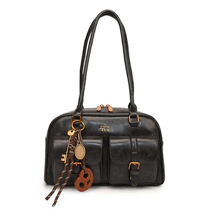 Women Multi Pocket Shoulder Tote Bag with Golden-Tone Hardware & Letter, Stylish Handbag Purse for Travel, Work, Shopping, Dates