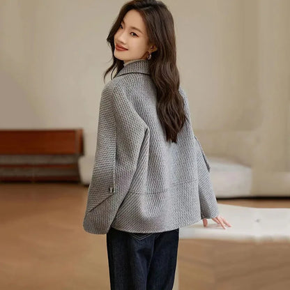 2024 Autumn Winter Women's Woolen Coats New Fashion Korean Solid Short Outerwear Loose Double Breasted Woolen Jacket Female Tops