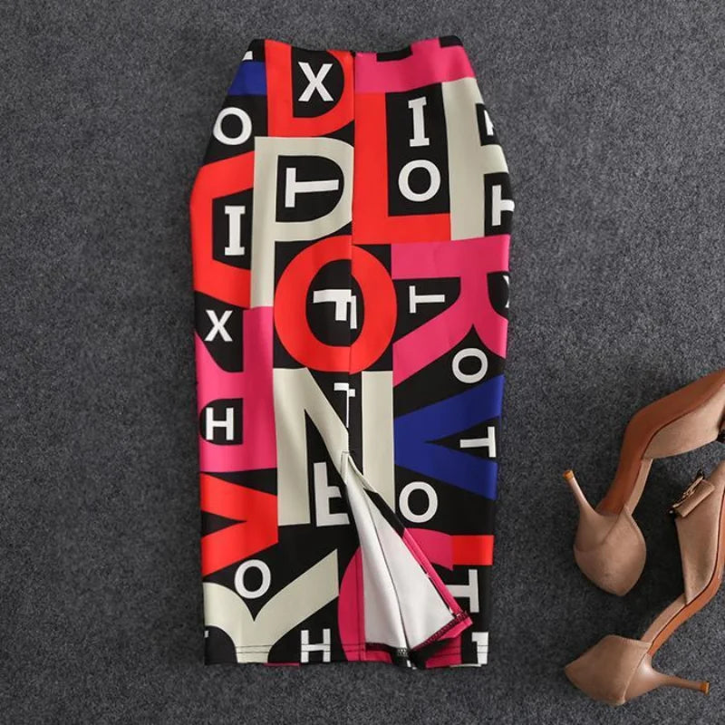 New Spring and Summer Women's Splicing Contrast Color High Waist Skinny Bag Hip Letter Korean Fashion Casual Commuter Skirt