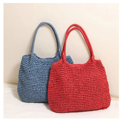 Fashion Straw Tote Bag Woven Solid Color Beach Bag Large Capacity Square Casual Shoulder Bag
