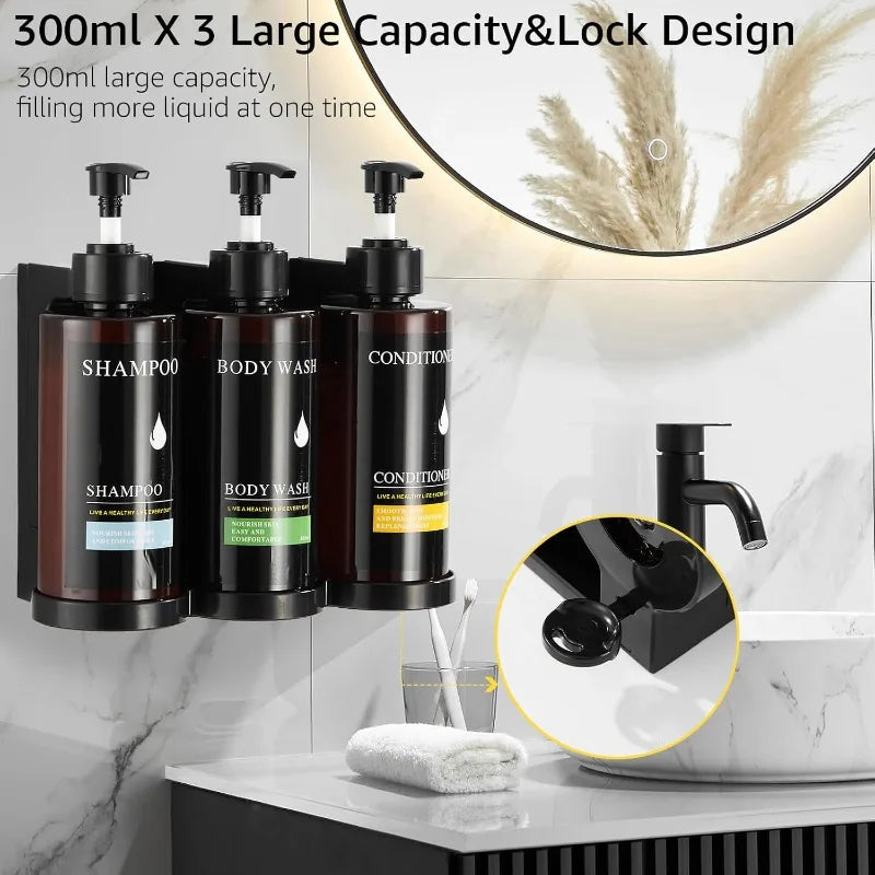 Soap Dispenser Set No Drill Wall Mounted 3 Chamber Shampoo Shower Gel Liquid Soap Dispenser for Bathroom Hotel Commercial Use