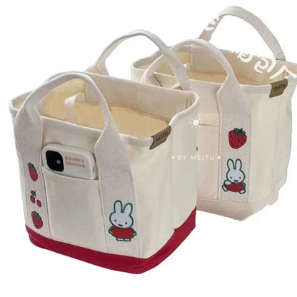New Anime Kawaii Miffy Embroidery Cute Zipper Bag with Canvas Tote Bag Bento Lunch Box Bag for Friends Christmas Gift