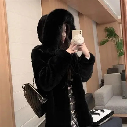 Winter New Environmentally Friendly Rabbit fur fur Coat Women Imitation fox fur Collar Hooded mid Length Fur Plush Mink fur Coat