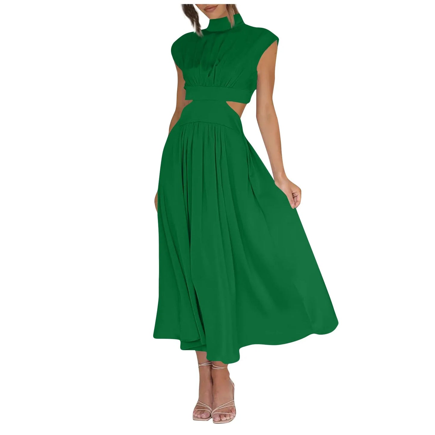 Women's Solid Color Basic Fashion High Waist Hollow Out Sexy Casual Streetwear High Neck Sleeveless Pocket Open Waist Maxi Dress