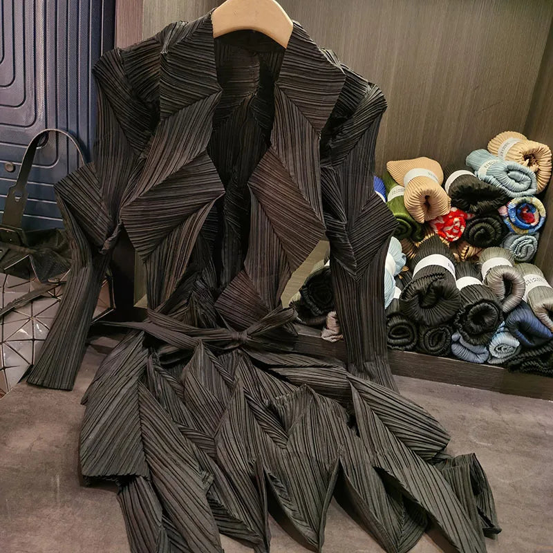 Miyake Solid Color Bud Jacket New Pleated Irregular Loose Large Size Long-sleeved Cardigan Simple Loose and Stretchy Commuter