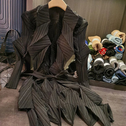 Miyake Solid Color Bud Jacket New Pleated Irregular Loose Large Size Long-sleeved Cardigan Simple Loose and Stretchy Commuter