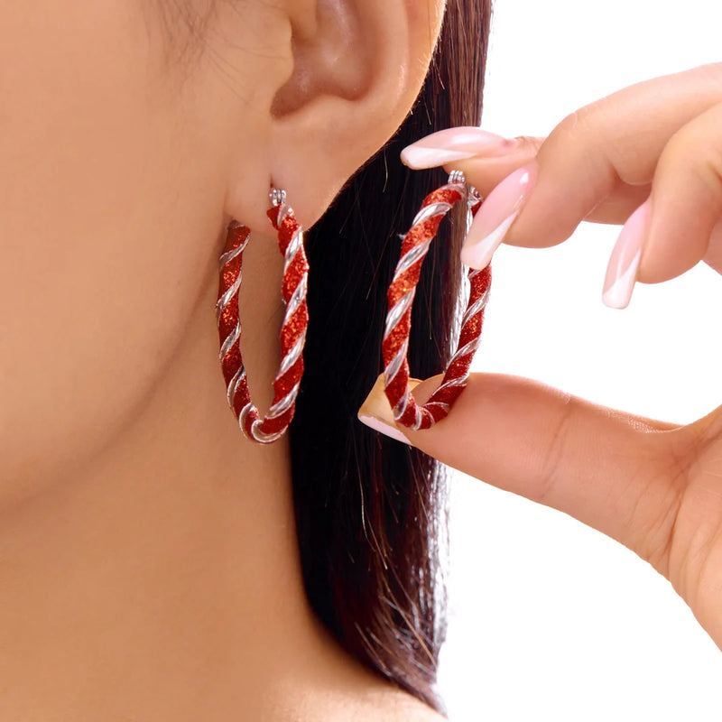 Christmas Red Green White Sequins Stripe Twisted Round Drop Earrings Circle Hoop Earring For Women Men Festive Holiday Jewelry