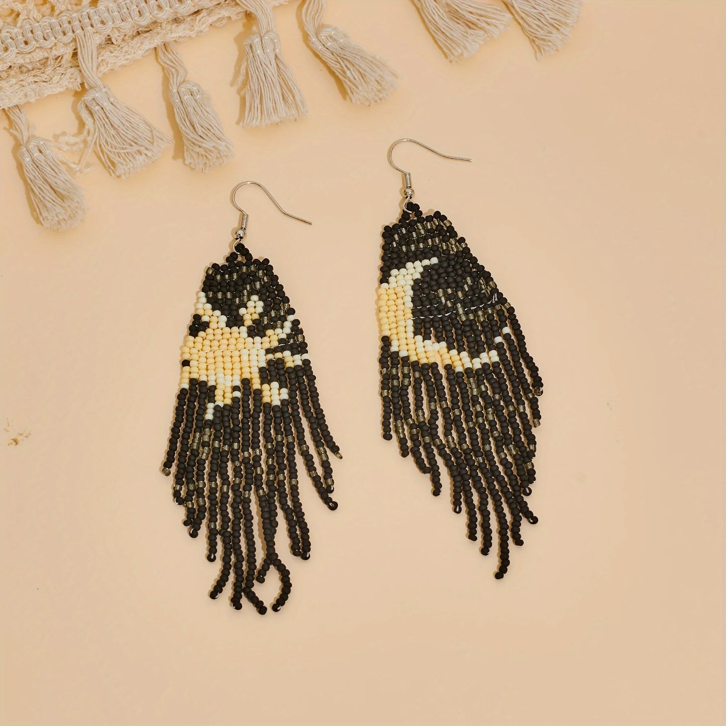 Bohemian Asymmetric Earrings, Star Moon Scenery Tassel Earrings, Handmade Beaded Earrings