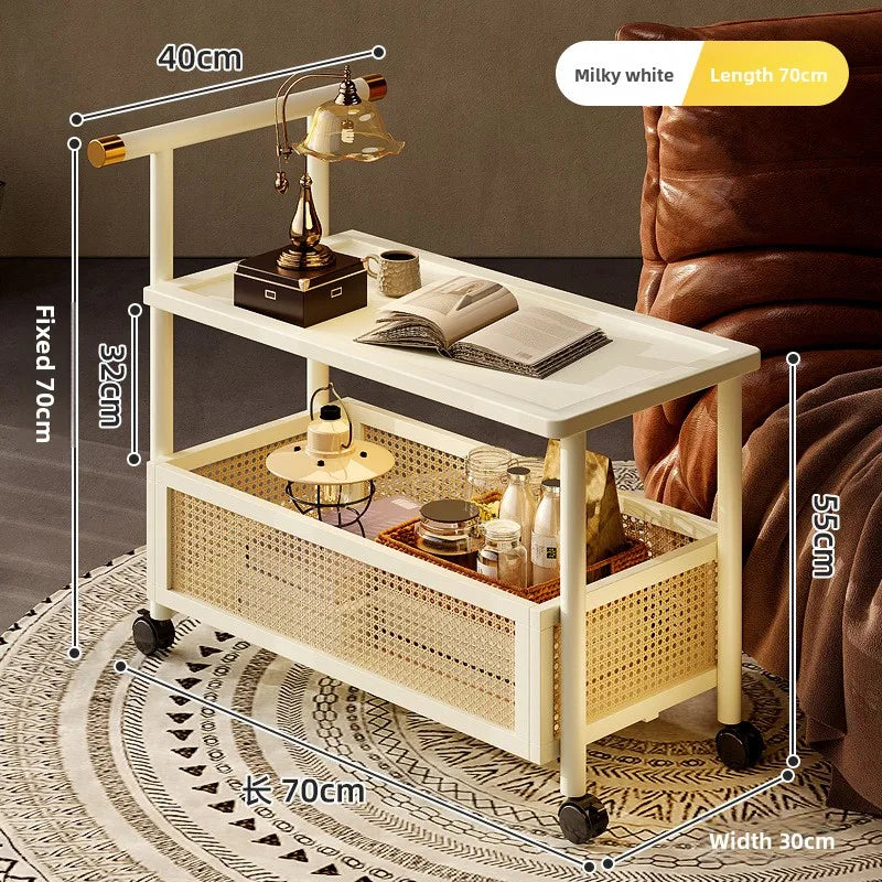 Wooden antique style coffee table, mobile coffee table, sofa side table, cart with pulley storage rack, rattan fence decoration
