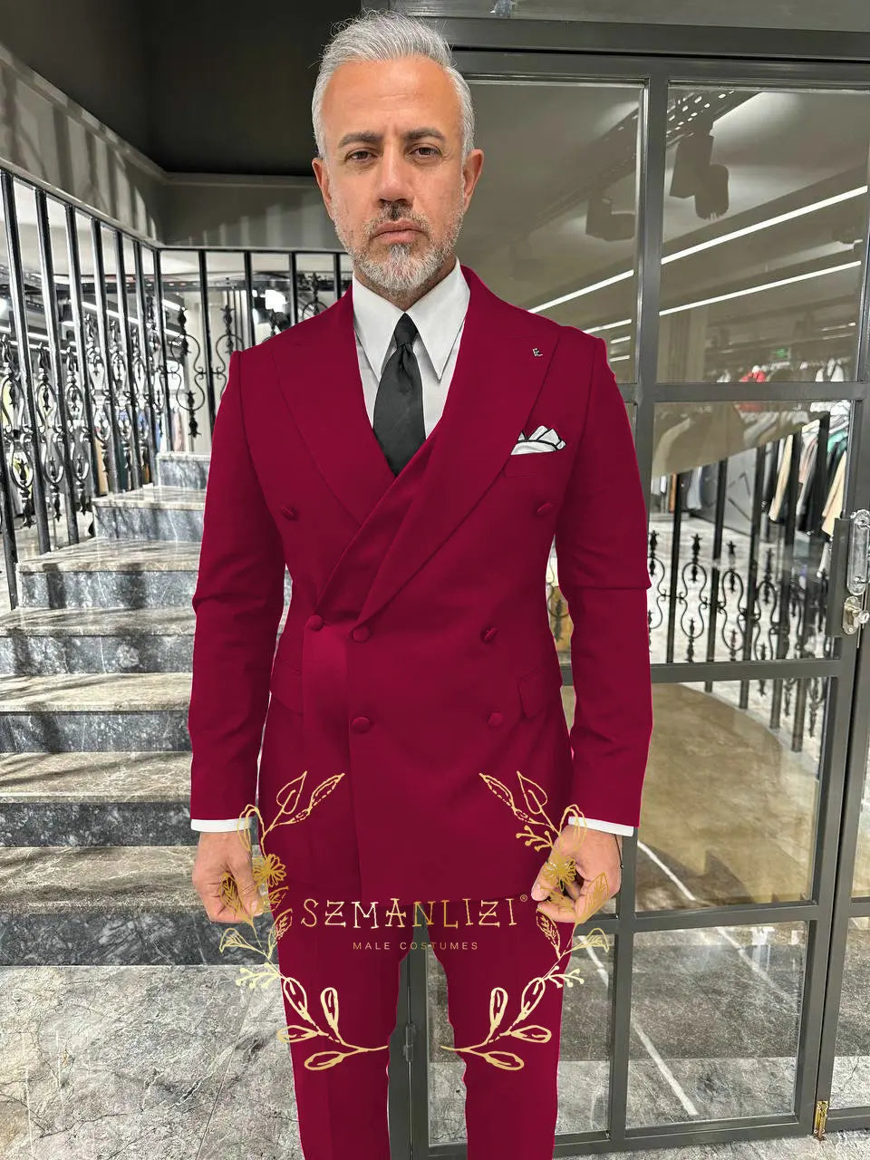 Black Men's Suit 2 Piece Double Breasted Jacket Pants Formal Wedding Groom Tuxedo Peaked Lapel Blazer Customized Men's Suit