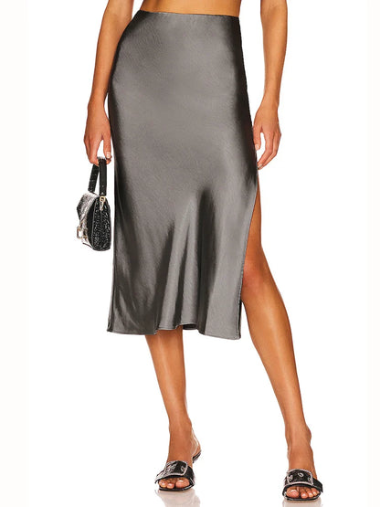 Women High Quality Satin Skirt Midi Elastic Waist Split Skirts Ladies Office Black A Line Satin Skirts With Split For Women