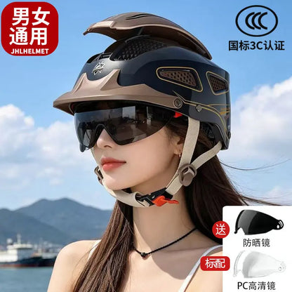 Hot Motorcycle Helmet Summer Breathable Open Face Helmet for Men Women Dual Lens Scooter Half Helmet with Taillights