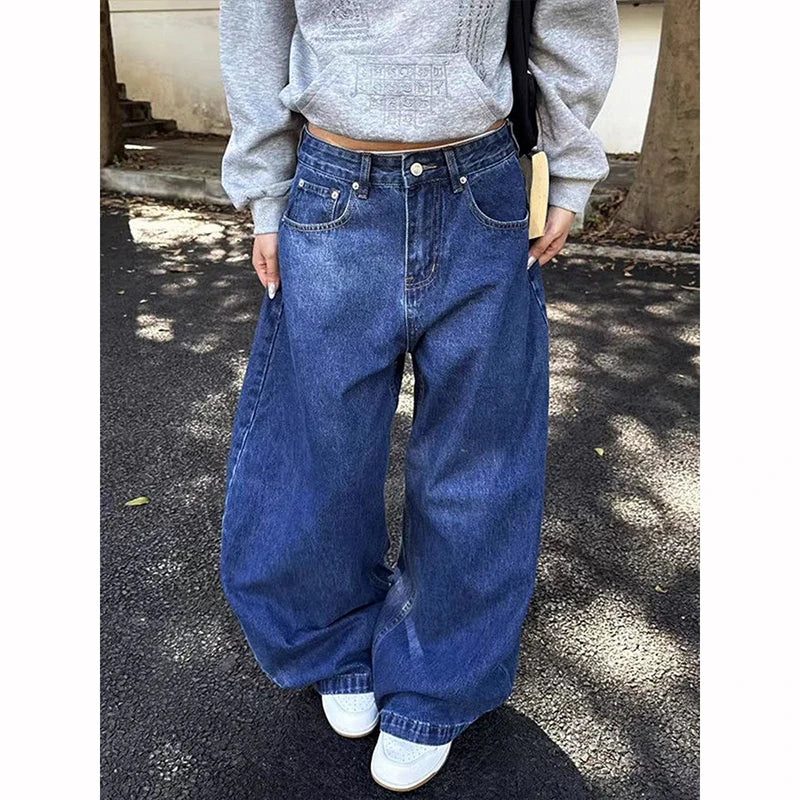 Women Blue Gothic Y2k Baggy Emo Jeans Harajuku Vintage Denim Trousers Aesthetic 2000s Style Oversize Boyfriend Jeans Pants 2025
