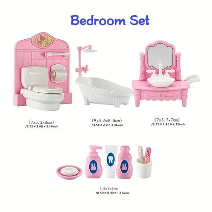 Dollhouse Furniture Set Accessories Doll House Mini Furniture Pretend Play Bedroom Living Room Bathroom Kitchen Kids Birthday