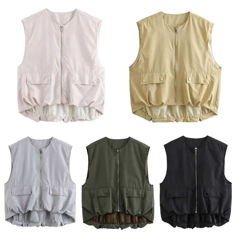 Women Fashion With Pockets Pleated Front Zipper Vest Sleeveless Jackets Vintage O-Neck Waistcoat Female Chic Tank Tops