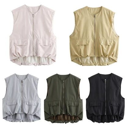 Women Fashion With Pockets Pleated Front Zipper Vest Sleeveless Jackets Vintage O-Neck Waistcoat Female Chic Tank Tops