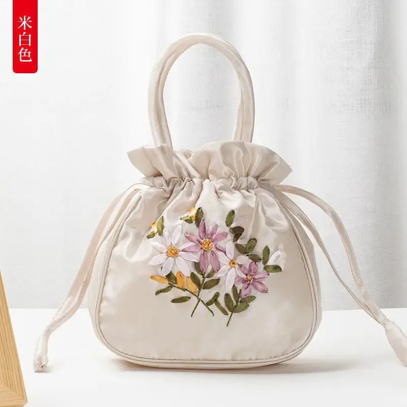 Women Bucket Bag Top Handle Ladies Handbag Phone Bag Summer Small Purse National Style Embroidered Flower Pattern Drawstring Bag