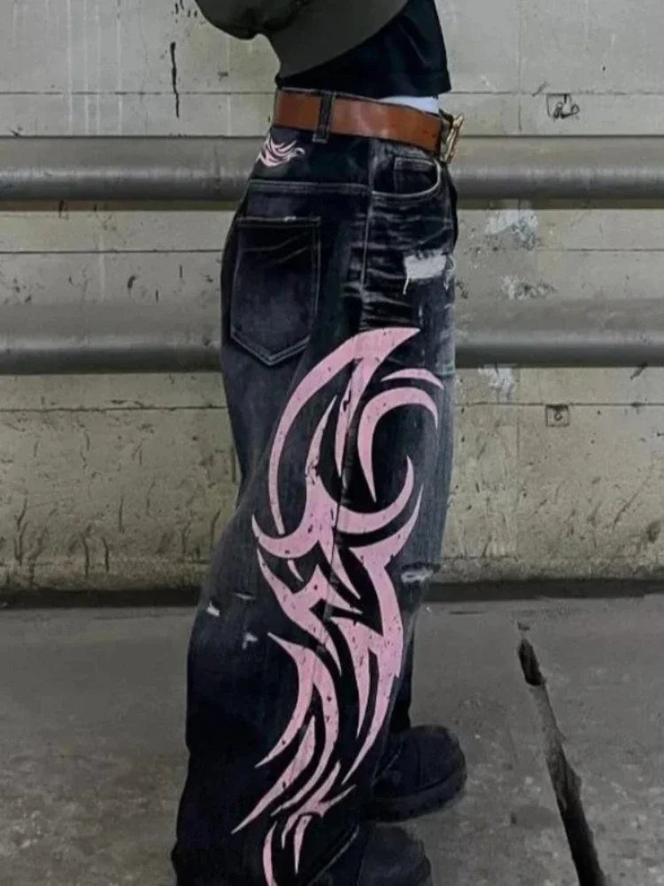 Y2k Vintage Gothic Punk Jeans Women Harajuku Print Grunge Baggy Denim Trousers Punk Hip Hop Black Streetwear Wide Leg Jeans
