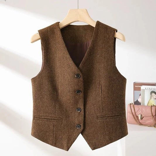 New 2025 Spring Autumn V-neck Casual Woolen Vest Women Fashion  British Style Sleeveless Waistcoat Female Top Ladies Outwear