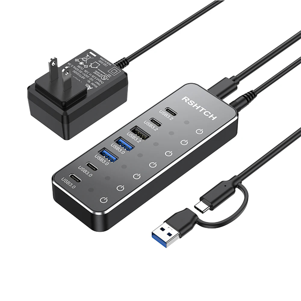RSHTECH Powered 7 Port 10Gbps Data USB Hubs Individual On/Off  Touch Switches Splitter for Surface Windows PC Laptop Desktop