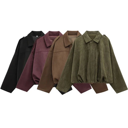 PRINTKAOIR Women's Bomber Jacket Lapel Long Sleeve Zipper Suede Jacket Women High Street Cropped Racing Jackets Coats Outerwears