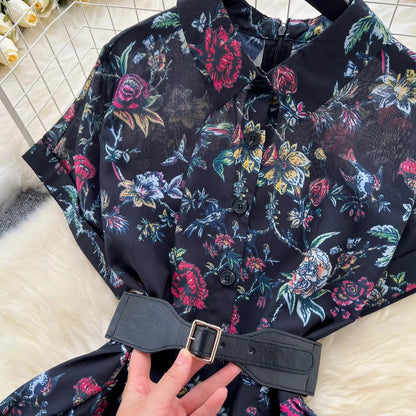 French Vintage Print Lapel Dress Women's Short Sleeve Floral Print High Waist Belt Office Lady Maxi Clothing Female Vestidos