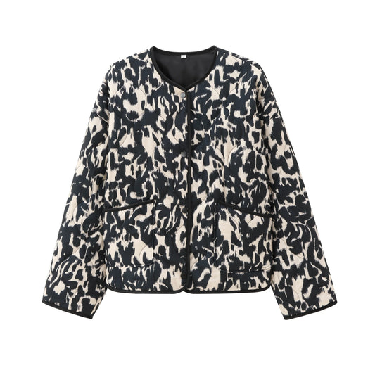 Women Animal Print Quilted Leopard Vintage Woman Jacket Y2K Pocket Ladies Outfit Autumn Winter Girls Chic Clothes 8110/506