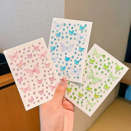 1/3/5 Sheets Kawaii Children's Butterfly Face Stickers Self-adhesive Pink/Green Elf Rhinestone Resin Butterfly Decals For Makeup