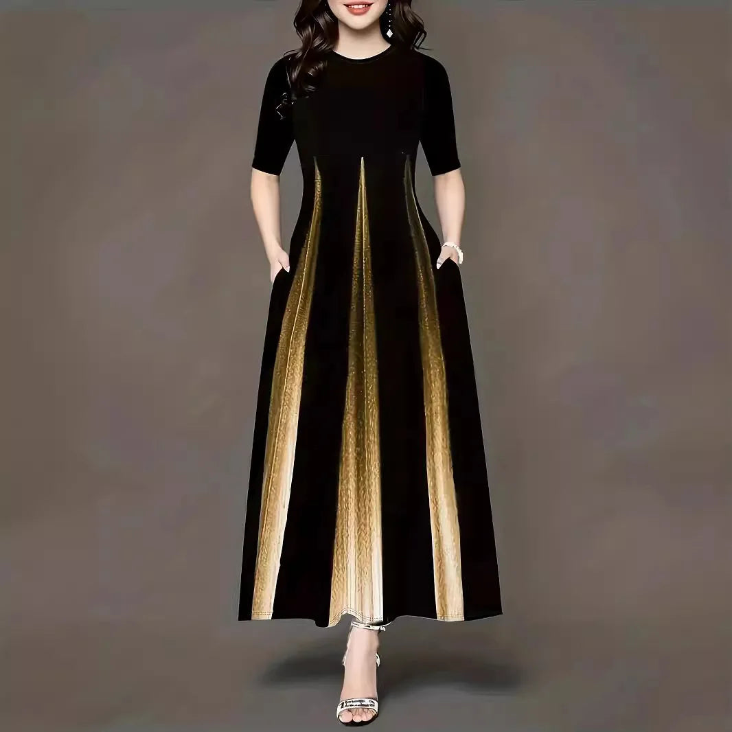 Summer new round neck casual fashion celebrity print gradient long skirt for women