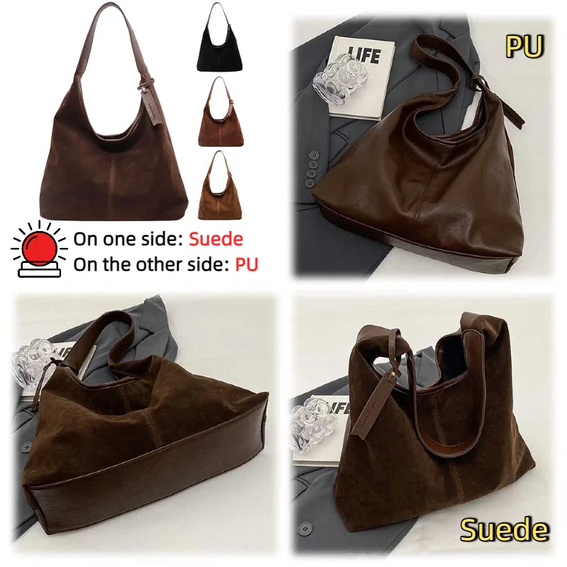 Women Suede Tote Bag Magnetic Closure Shoulder Bag Slouchy Retro Handbag Large Capacity for Work Travel （Velvet+PU）