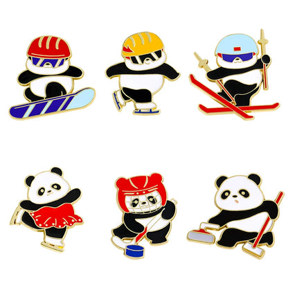 6 Styles Funny Winter Sports Panda Design Enamel Brooches Cartoon Animal Playing Skiing Fancy Speed Skating Curling Golden Pins