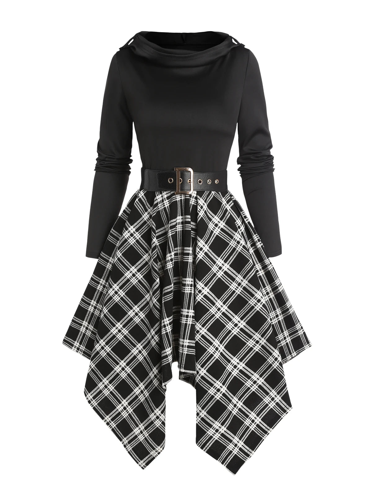 Dressfo Women's Gothic Plaid Hoodie Dresses Panel Asymmetric Hooded Dress Cowl Neck Long Sleeve Belted Dress