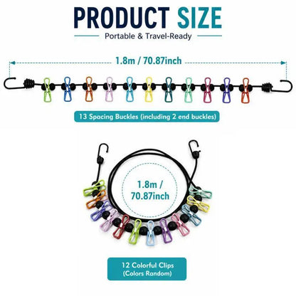 Portable Retractable Travel Clothesline 12 Clothes Clips for Indoor Laundry Drying line,Outdoor Camping Accessories