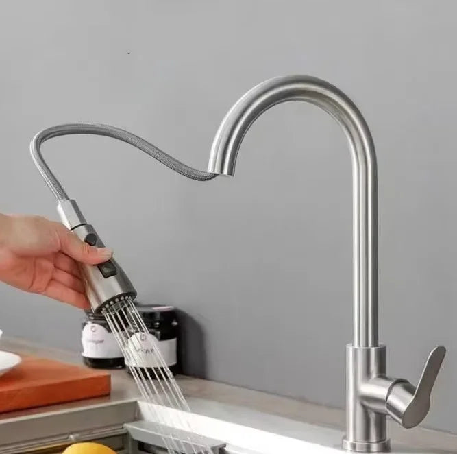 Kitchen Faucet Flexible Pull Out 2 Modes Nozzle Hot Cold Water Mixer Tap Deck Mounted Sprayer and Stream SUS 304 Faucets